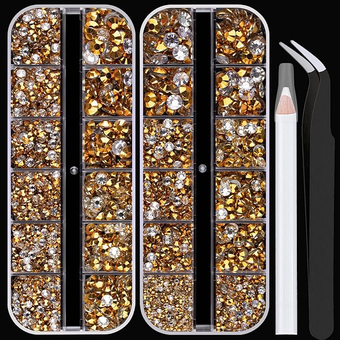 Resin Rhinestones for Crafting, 2/3/4/5/6mm Flatback Jelly Rhinestones, 2 Box Mineral Gold Non Hotfix Crystal Gems for Bedazzling Crafts Mugs Tumblers Clothes Makeup Nail
