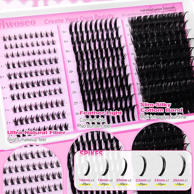 wiwoseo Spiky Lash Clusters with Bottom Lash Clusters Kit Salon Volume Lash Spikes Cluster Eyelash Extensions Kit 26MM Long Eyelash Clusters Spiky Manga Lashes Clusters with Clear Bond and Seal