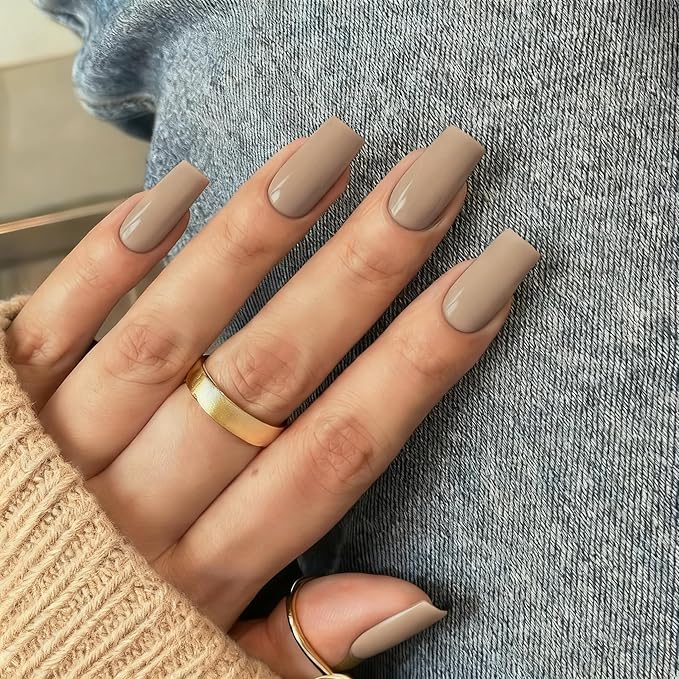 KQueenest Light Gray Press on Nails Long Medium Square, Nude Brown Fake Nails Medium Coffin, Glossy Sheer Color Acrylic Nails Press ons, Reusable Soft Gel Glue on Nails for Women DIY Manicure
