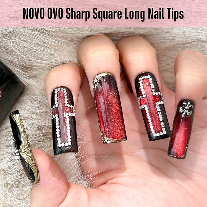 NOVO OVO Sharp Square Long Nail Tips Press on, Natural (Not Sculpted) No C Curve Soft Gel Double Matte Clear Fake Nail Extension,Full Cover False Nails for Salon DIY Manicure x 15 Sizes 360 pcs
