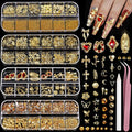 Teenitor Gold Nail Charms and Gems Set, 4 Boxes Nail Gems Nail Pearls Nail Art Tools, 3D Cross Nail Charms Heart Nail Rhinestones for Nails Supplies, Charms for Nails Design Nail Art Kit