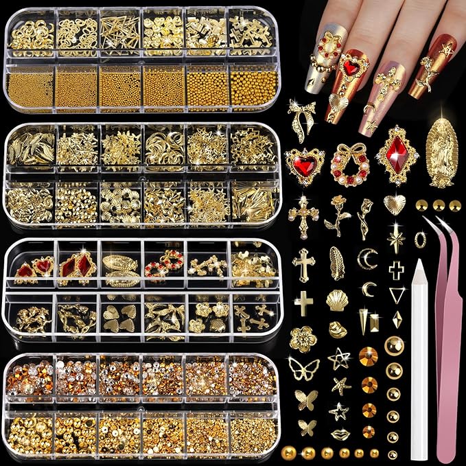 Teenitor Gold Nail Charms and Gems Set, 4 Boxes Nail Gems Nail Pearls Nail Art Tools, 3D Cross Nail Charms Heart Nail Rhinestones for Nails Supplies, Charms for Nails Design Nail Art Kit
