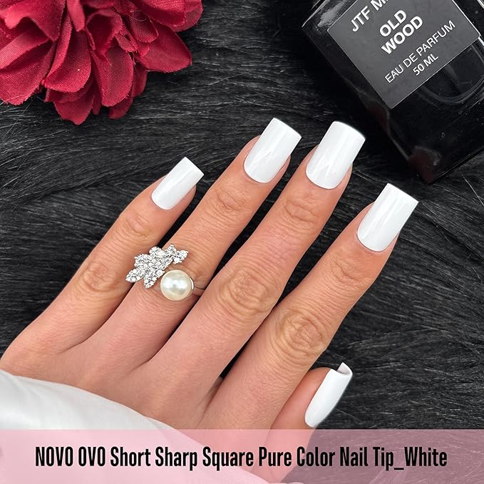 NOVO OVO Short Sharp Square Nail Tips Press on Pure Color White, Need Builder Gel Top Coat Nail Glue, Soft Gel Matte Fake Nail Extension, Full Cover False Nails for Salon DIY x 15 Sizes 180 pcs