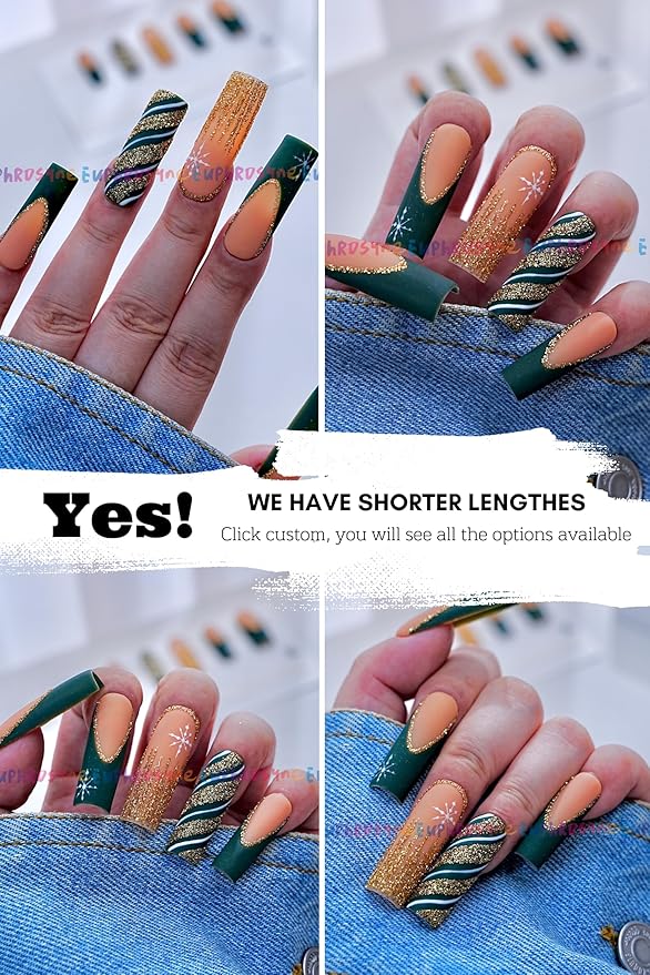 Euphrosyne Matte Press On Nails – 10pcs Medium Coffin Fake Nails in Nude Orange with Glitter Gold French Tips, Animal Print & Snowflake Accents