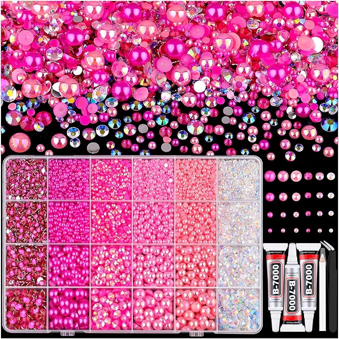 14000PCS Flatback Pearls and Rhinestones for Bedazzling Kit, Hot Pink 3-10mm Resin Pink Rhinestones and Half Pearls for Crafting, Nail Art and Dec with 3pcs B7000 Jewelry Glue