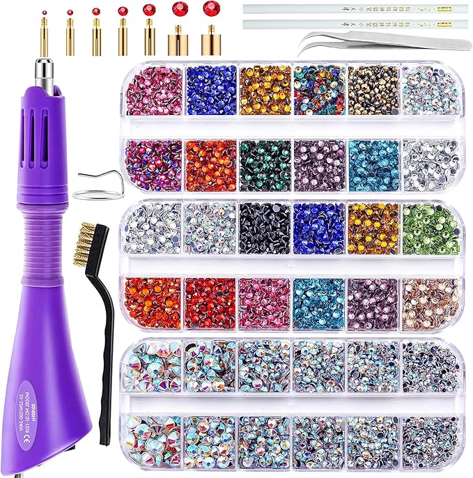 BLINGINBOX Hotfix Rhinestones Applicator Tool for Crafts Clothes, Hot Fix Rhinestone Applicator Set Pen Iron Bedazzler Kit with 6000PCS Round Crystals Gems for Shoes