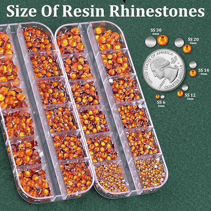Resin Rhinestones for Crafting with B7000 Jewelry Glue, 2 Boxes Orange Flatback Crystals with 3Pcs 10ml Glue for Bedazzling Crafts DIY Nail Art Makeup，Non Hotfix Gems for Clothing Shoes