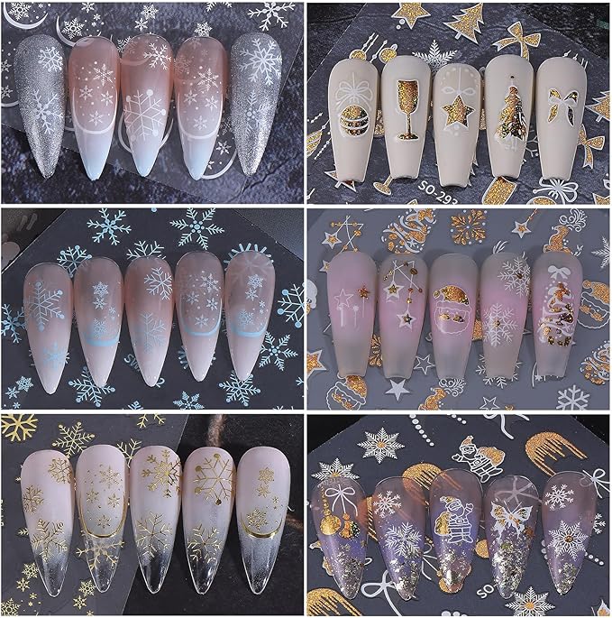 Christmas Holiday Nail Art Stickers 16PCS 3D Santa Claus Deer Decals for Nail Art Seasonal Fingernail Designs White Snowflake Gingerbread Man Self-Adhesive Manicure Decorations Accessories for Women