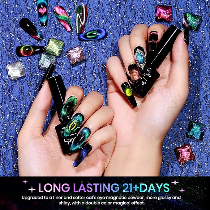 Cat Eye Gel Nail Polish Set - 12 Colors 9D Magnetic Nail Polish Gel Galaxy Cateye Nail Gels Polishes with 1 Black Gels and Magnetic Lamp Cure Required Home Manicure DIY Nail Art