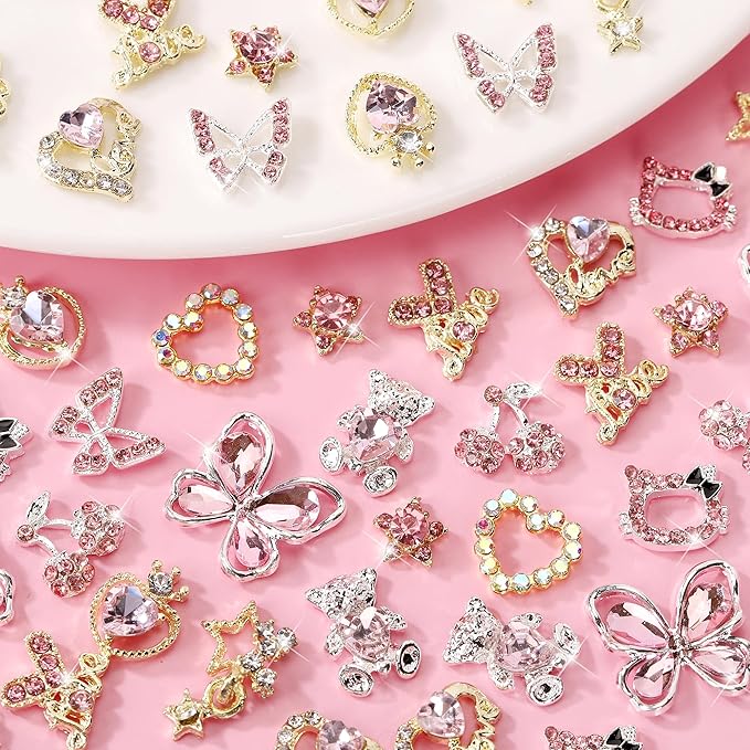24PCS Pink Nail Charms Y2k Alloy Nail Art Rhinestone Charms 3D Heart Star Sailor Moon Nail Charms with Rhinestones Bear Cherry Nail Gems Shiny Jewelry Nail Decorations Supplies B