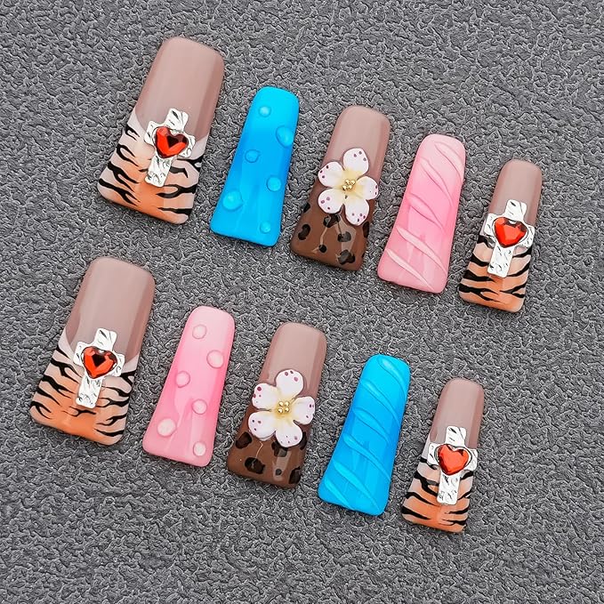 10Pcs Press on Nails Long Handmade Duck Fake Nails 3D Charms Brown Tiger Stripes Flower False Nails Blue Pink Colorful Acrylic and Multi-Layer Gel Stick on Nails (Tame the Wild Heart,M)