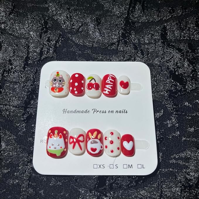 Short Press on Nails Handmade Nails 10Pcs Cute Style Manual Nail Art Red Cherry Fake Nails for Women Party Holiday Photo 2.5CM Size S
