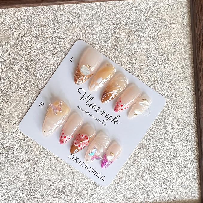 Handmade Press-On Nails – Medium Almond French Tip 3D Butterfly & Brown gradient Flowers Nails,Salon-Quality Reusable Fake Nails,Handcrafted Multi-Layer Gel & Acrylic Nails (10PCS)