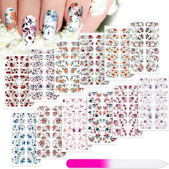 168 Pcs 12 Sheets Full Wraps Nail Polish Stickers Flower Print Self-Adhesive Nail Decal Strips with File Manicure Kits Colorful Flower Full Cover Decal Strips for Women DIY Decoration(Bright Style)