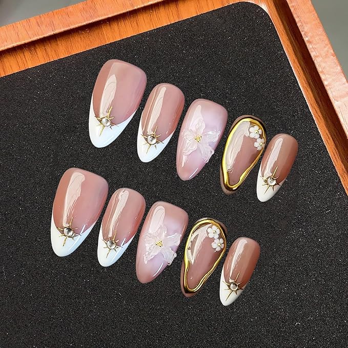 White French Tip Press on Nails Short Almond Fake Nails Handmade Press on Nails Flower False Nails Golden Embossed Designs Full Cover Muti-Layer Gel Stick on Nail Acrylic Nails for Women (Size S)