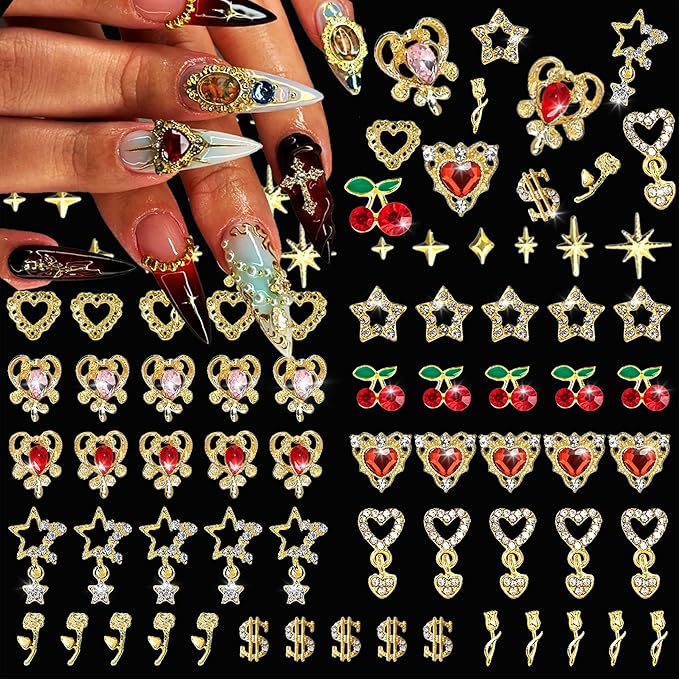 350 Pcs Gold Nail Charms with Stars, Hearts, Dollars, Cherries, Roses for Women Nail Art Decoration DIY Craft