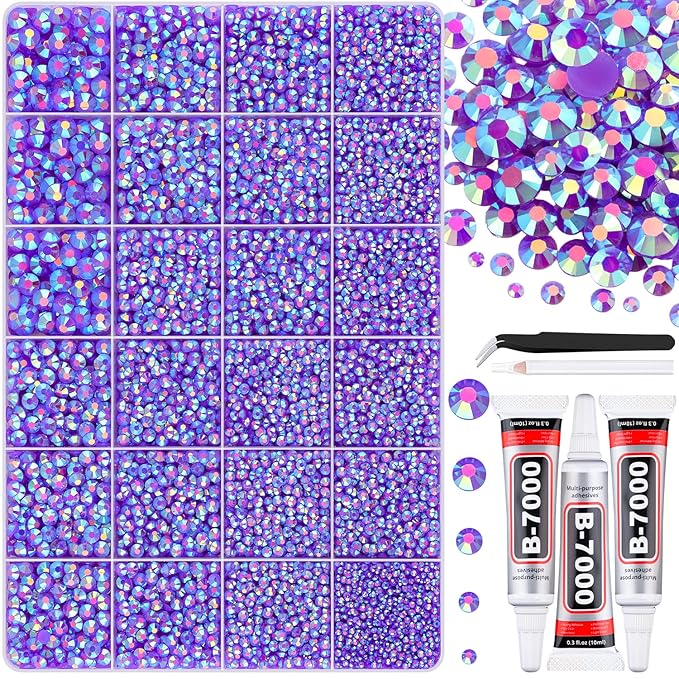 30000Pcs Resin Dark Purple AB Rhinestones for Bedazzling Crafting with b7000 Jewelry Glue, Bulk Flatback Gems Bedazzler Kit for Crafts Clothes Shoes Fabric Nail Diamond Art, Assorted Size 2/3/4/5/6mm