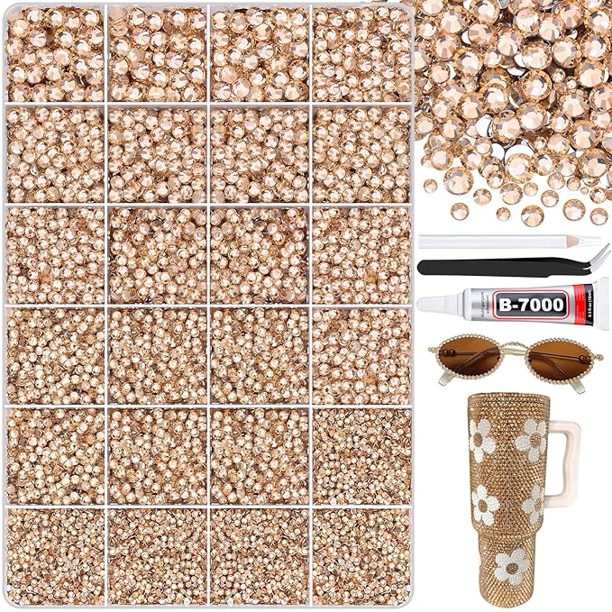 25000Pcs Champagne Rhinestones for Bedazzling with B7000 Jewelry Glue, Non Hotfix Flatback Gems, Crystal Resin Rhinestones for Crafting Crafts Clothing Tumblers Mugs Shoes Fabric Decor Nail Art