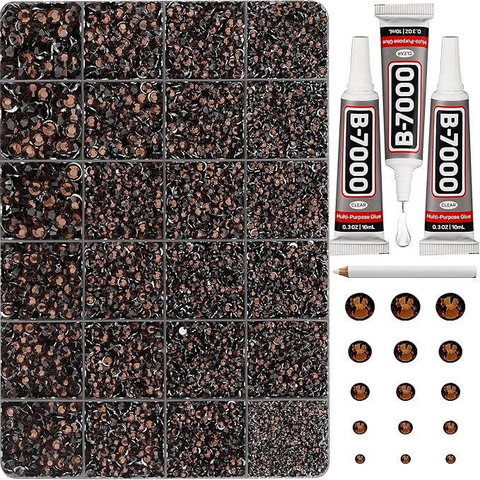 33000Pcs Brown Rhinestones for Bedazzling, Bedazzler Kit with Flatback Craft Rhinestones Brown Bulk and B7000 Glue, 2,3,4,5,6mm Resin Flat Back Crystals for Craftings, Crafts, Clothes, Shoes, Nails