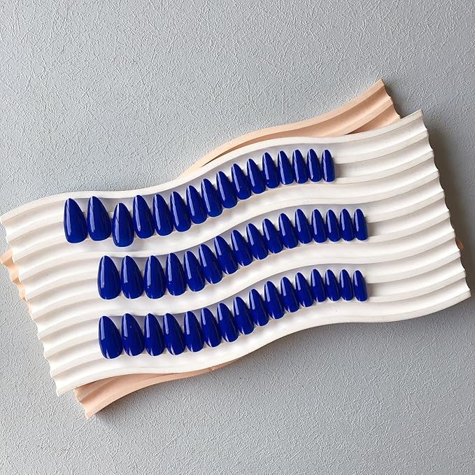 Royal Blue Press on Nails Almond Shaped 48Pcs Neutral Thick Fake Nails for Women, Medium Almond Nails Press on Reusable Acrylic Nails Glue on Medium Length Stiletto False Nails Gel Artificial Nails