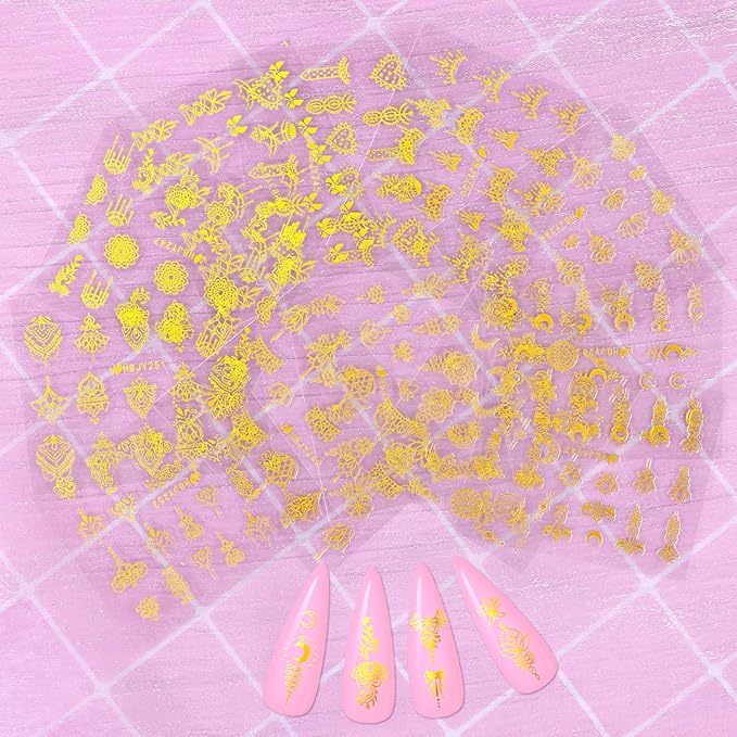 KISSBUTY 24 Pcs Universe Nail Art Sticker - Gold Flowers, Stars, Moon Constellation Decals