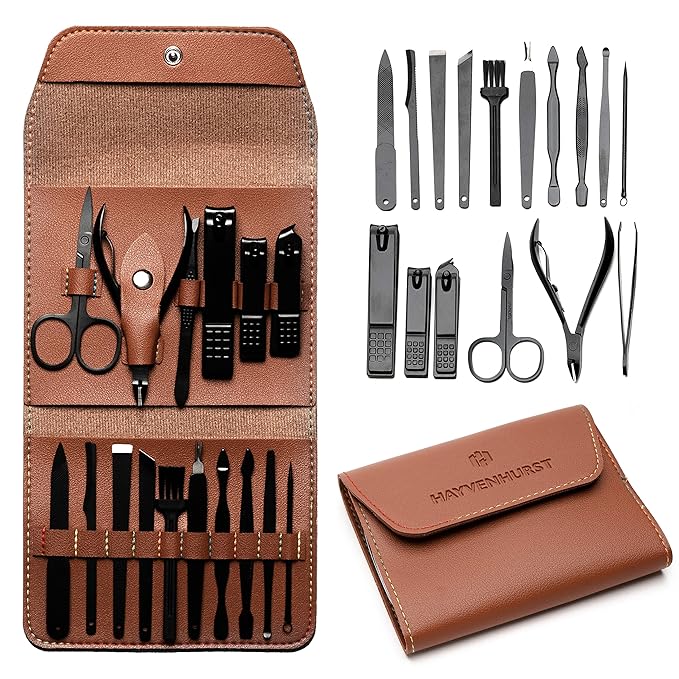 Nail Kit - Nail Clipper Set - Manicure Set -16 Stainless Steel Pieces Manicure Kit For Men’s - Pedicure Kit For Men - Mens Grooming Kit With Brown Leather portable Case by Hayvenhurst