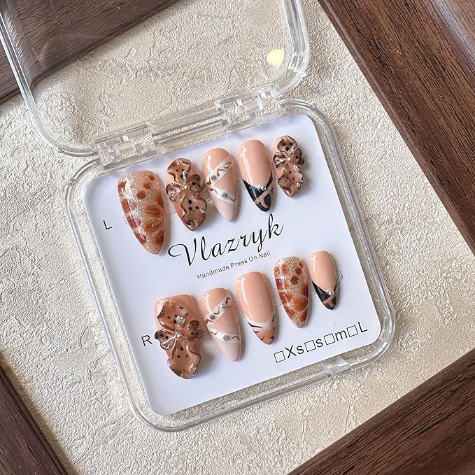 3D Handmade Press On Nails,Brown French Tip Medium Almond Fake Nails with Rhinestone Flowers, Reusable Luxury Winter Nail Art, Salon-Quality Acrylic Nails for Women
