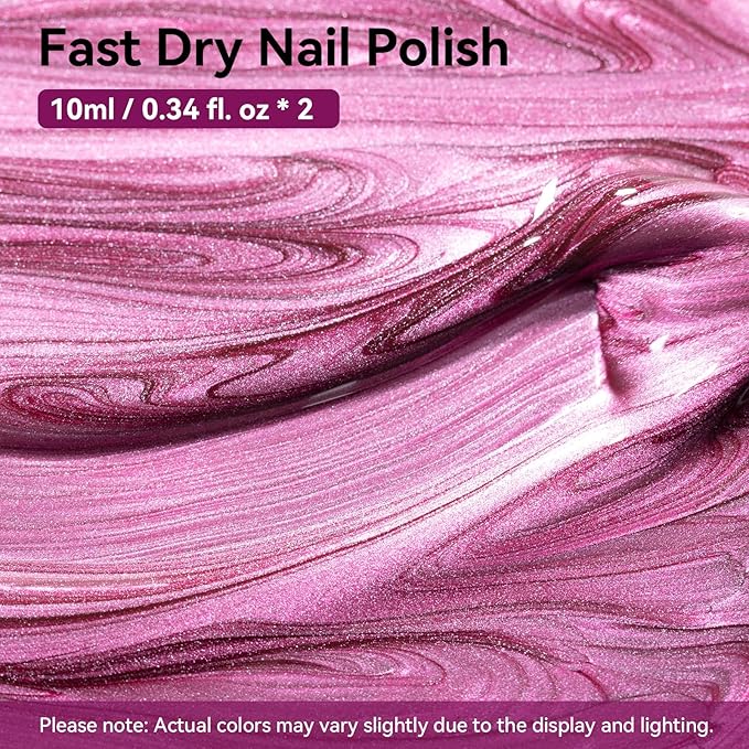 Metallic Purple Rose Nail Polish with 3-in-1 Clear Base Top Coat, Fast Air Dry Fingernail Polish Duo, Non-Gel, Opaque, Glossy Luxury Nail Art Fingernail Toenail Polishes