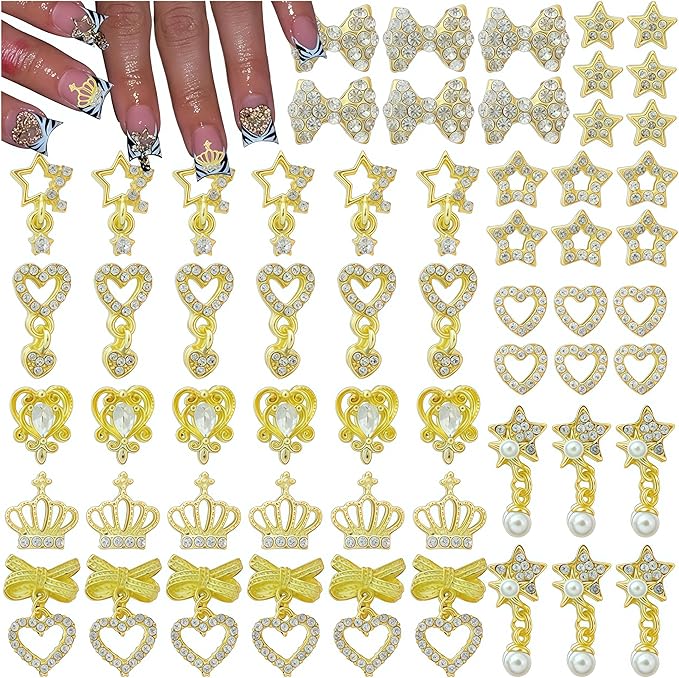 60PCS Gold Nail Charms and Gems: 3D Heart, Star, Crown, Bow Rhinestones for Nails Design