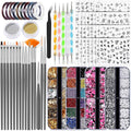 20 Nail Art Brushes Kit with Striping Tapes, Gold Flakes, Pearls, Rhinestones, Glitter & Star Stickers for Gel Nails DIY Manicure Set (Black)
