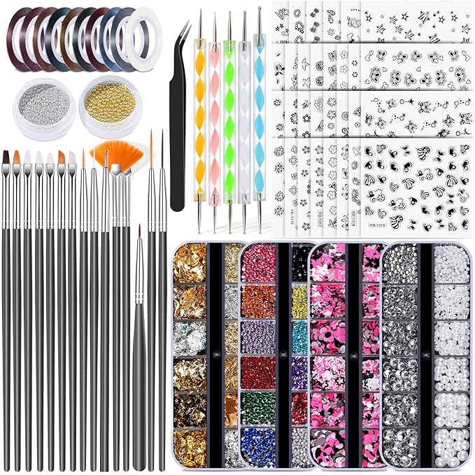 20 Nail Art Brushes Kit with Striping Tapes, Gold Flakes, Pearls, Rhinestones, Glitter & Star Stickers for Gel Nails DIY Manicure Set (Black)