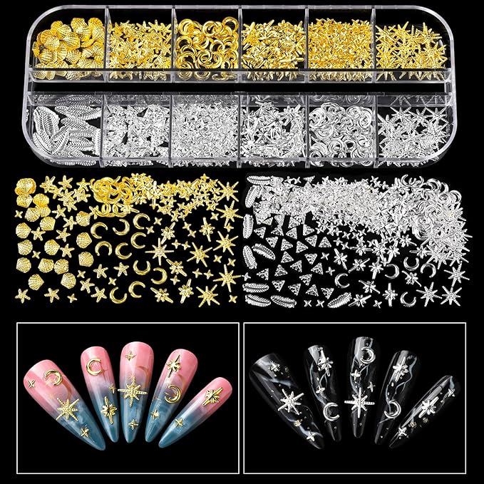 Teenitor Nail Charms and Gems with Nail Stickers, 6 Boxes Silver & Gold Nail Gems and Rhinestones Kit for Women, 3D Nail Art Rhinestones Nail Pearls, Caviar Beads for Nails,Y2K & Cross Nail Charms