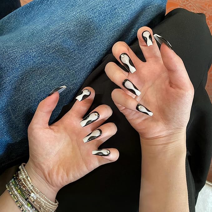 Press On Nails for Women - French Tip Fake nails,BLACK Nails with A Mesmerizing Metallic Finish,24pcs with Jelly Glue