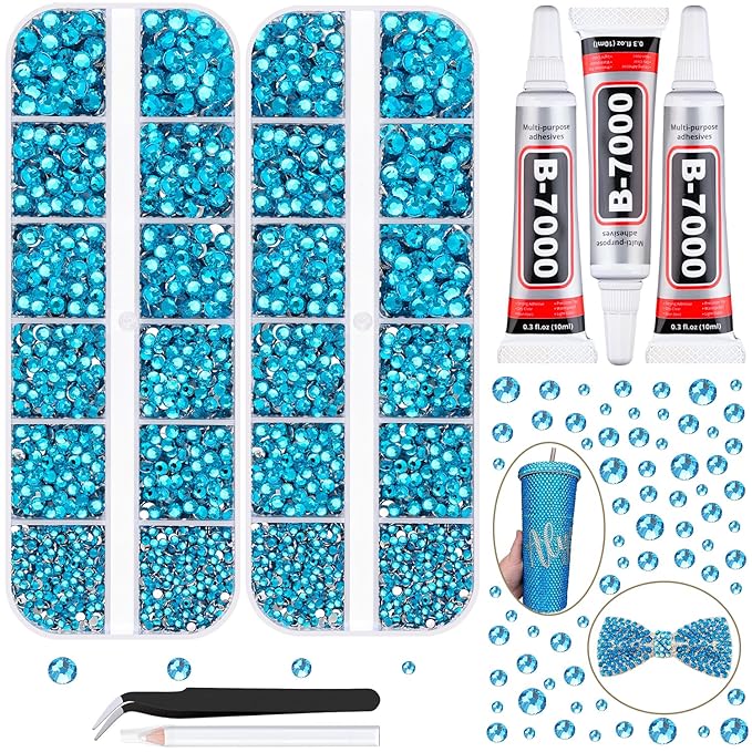 12100Pcs Resin Rhinestones for Crafting with 3Pcs 10ml B7000 Jewelry Glue, 2 Boxes Flatback Crystals Diomand (Indicolite) for Bedazzling Crafts DIY Nail Art Makeup，Non Hotfix Gems for Clothing Shoes
