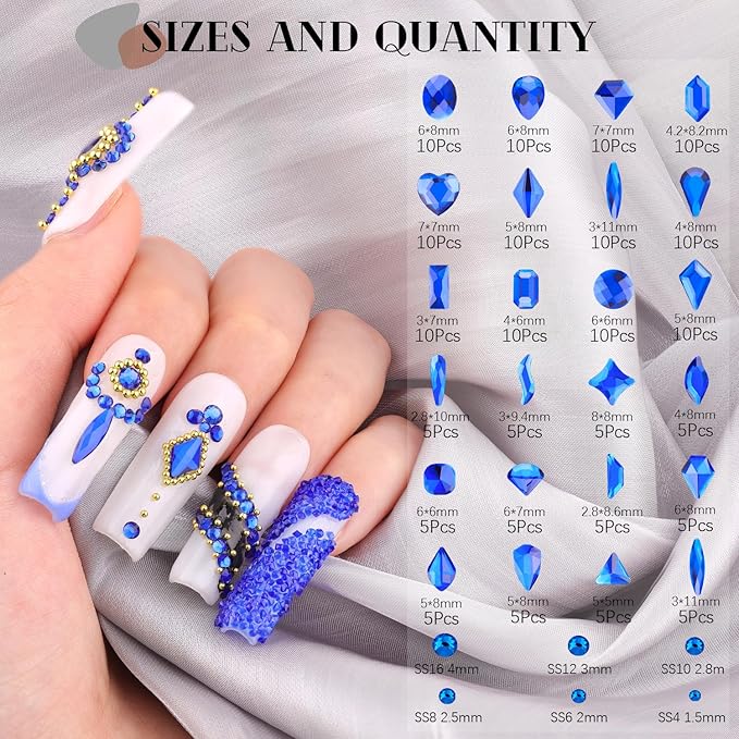 Royal Blue Glass Nail Rhinestones - 1680 Pcs Multi Shapes + 1500 Pcs Round Crystal with Glue Gel for Nail Art