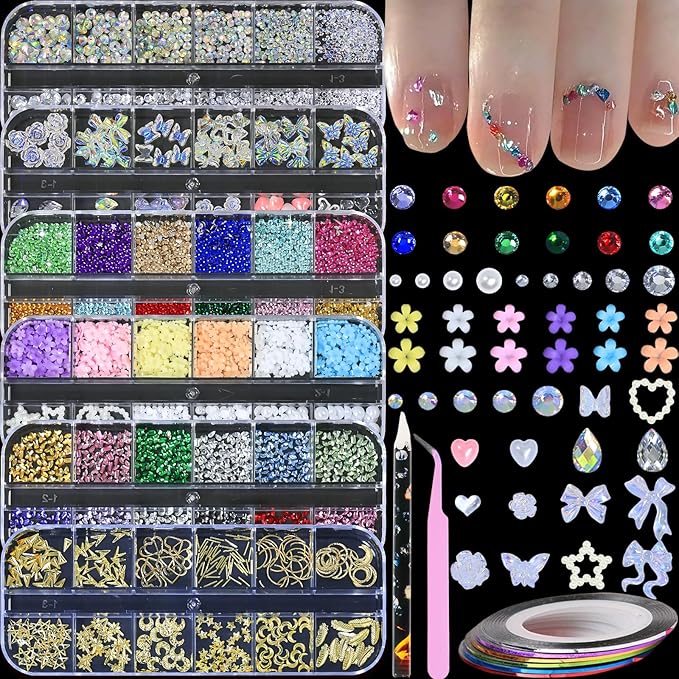 HNUIX Nail Charms - Nail Gems with 6 Boxes of Rhinestones for Nails Art Tools, 3D Charms for Nails, Colorful Clear Flatback Rhinestones, Multi Shape Pearls Jewels Crystals for Craft