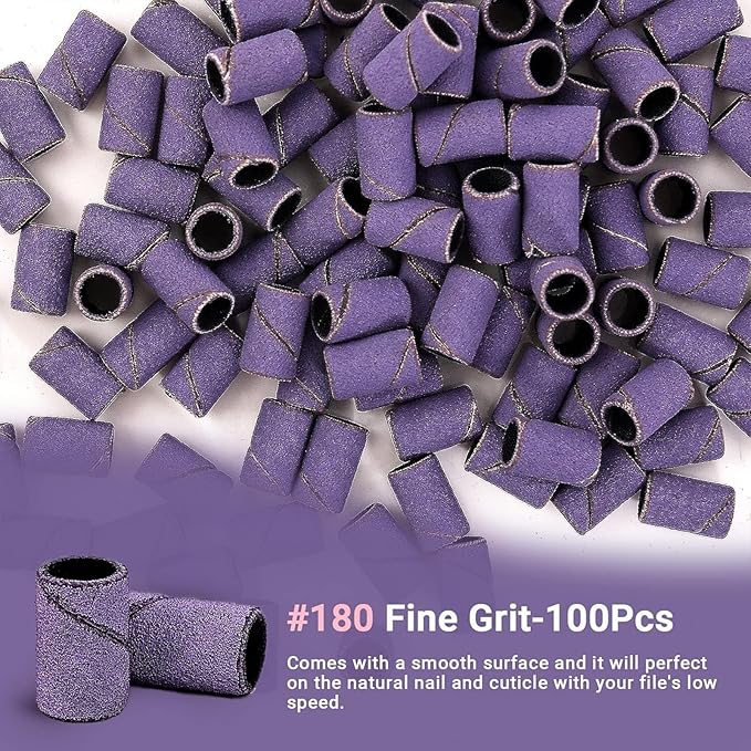 MelodySusie 100 Pcs Nail Drill Bits Sanding Bands for Nail Drill 180 Fine Grit Nail File Sanding Bands for Acrylic Nails Gel Manicures and Pedicure