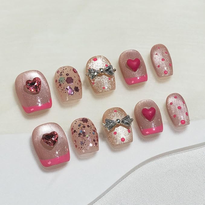 Sun&Beam Nails Handmade Press-on Short Coffin Ballerina Pink French Sweet Heart Design Fashion False Nail Tips 10 Pcs Set (#252 XS)