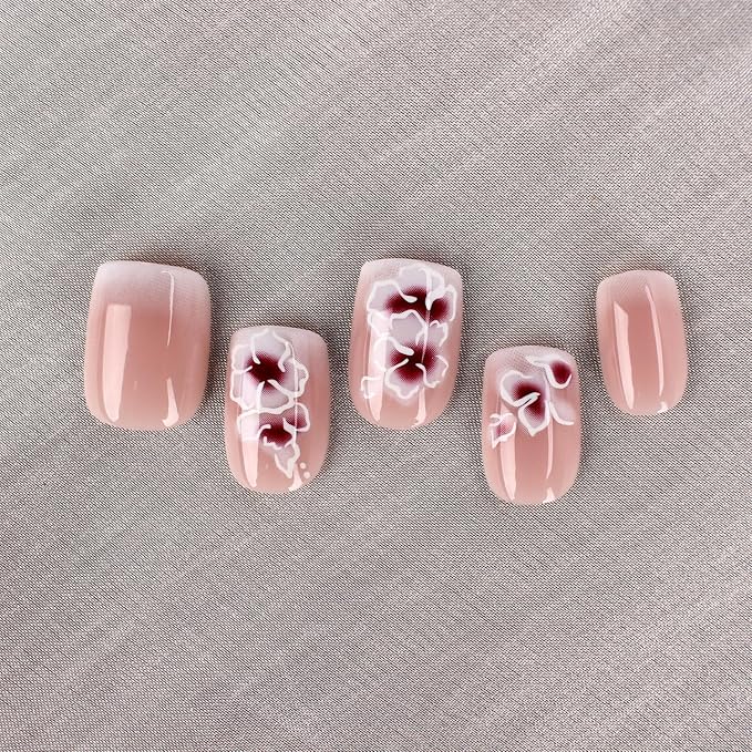 French Press On Nails Short Square White Nude Gradient False Nails Delicately Adorned with White Silver Flowers Reusable Glue On Nails for Women Kit 24Pcs