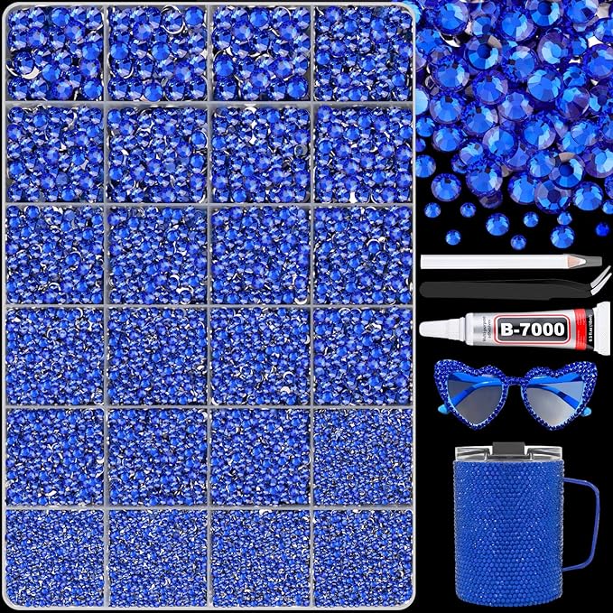 25000Pcs Royal Blue Rhinestones for Bedazzling with B7000 Jewelry Glue, Non Hotfix Flatback Gems, Crystal Resin Rhinestones for Crafting Crafts Clothing Tumblers Mugs Shoes Fabric Decor Nail Art