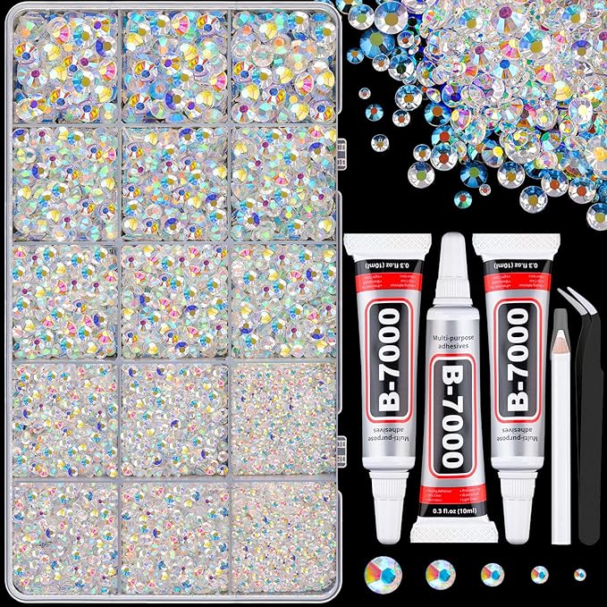 16000Pcs Resin Jelly Rhinestones for Crafting, Transparent AB Flatback Gems, Bedazzling Crystal with 3Pcs 10ml B7000 Jewelry Glue for DIY Crafts Clothing Tumblers Shoes Fabric Nail Art