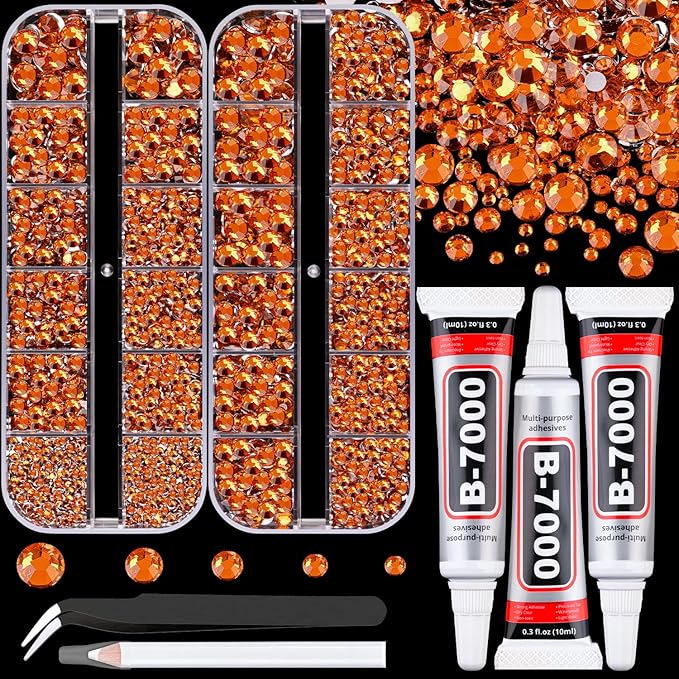 Resin Rhinestones for Crafting with B7000 Jewelry Glue, 2 Boxes Orange Flatback Crystals with 3Pcs 10ml Glue for Bedazzling Crafts DIY Nail Art Makeup，Non Hotfix Gems for Clothing Shoes