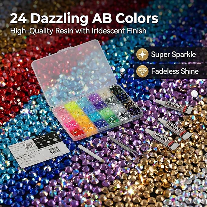 4000Pcs Rhinestones for Bedazzling, 6mm Bedazzler Kit with Flatback Rhinestones for Clothes Crafting Crafts Nails Clothing, Flat Back Resin Rainbow Colorful Colored Crystal with B 7000 Glue Clear