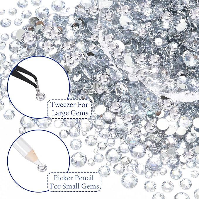 RODAKY Silver Clear Rhinestone Flatback Resin Gems for Crafts Bedazzling Crystal Diamonds 2Pcs 10ml B7000 Jewelry Glues Tweezers Dotting Pen for DIY Crafts Clothing Shoes Nail Art