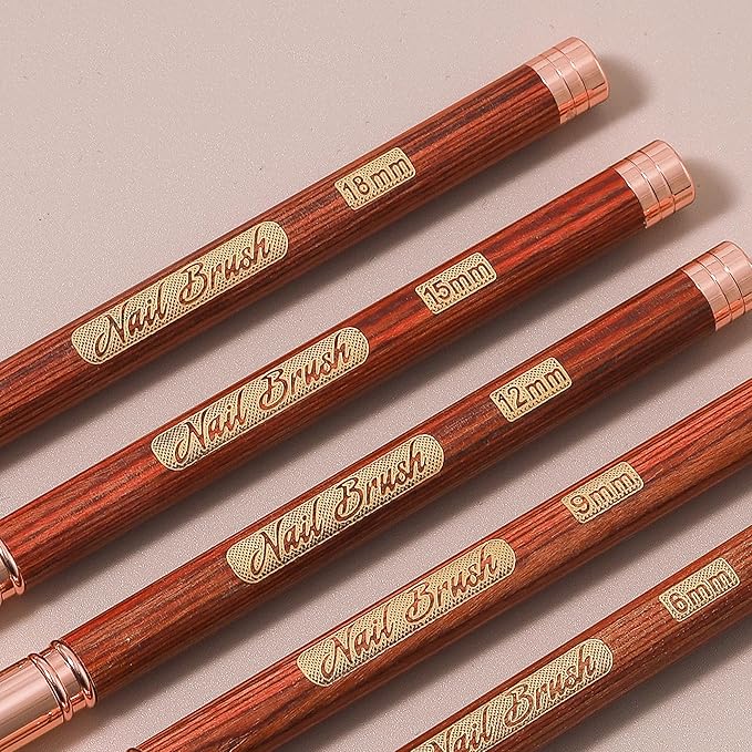 Wooden Nail Art Brushes, 5Pcs Nail Art Liner Brushes, Painting Art Design Brush Set Nail Dotting Drawing Tool for Long Lines, Thin Details, Fine Drawing Sizes 6/9/12/15/18mm, Rose gold