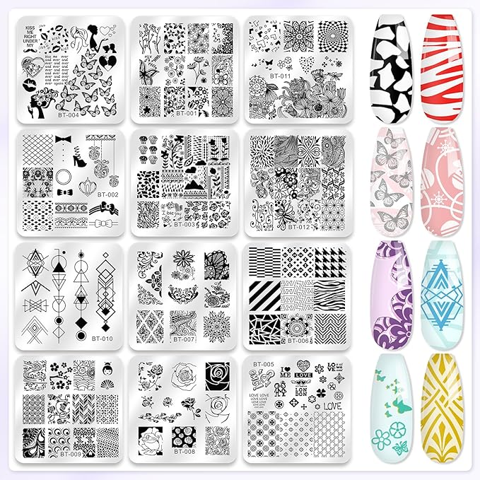 Biutee Nail Stamper Kit 12Pcs Nail Stamping Plate 8Pcs Stamping Gel Polish Nail Stamping Kit with Silicone Stamper Scraper Storage Bag Lace Plaid Stamp Template Holiday Gift for Women