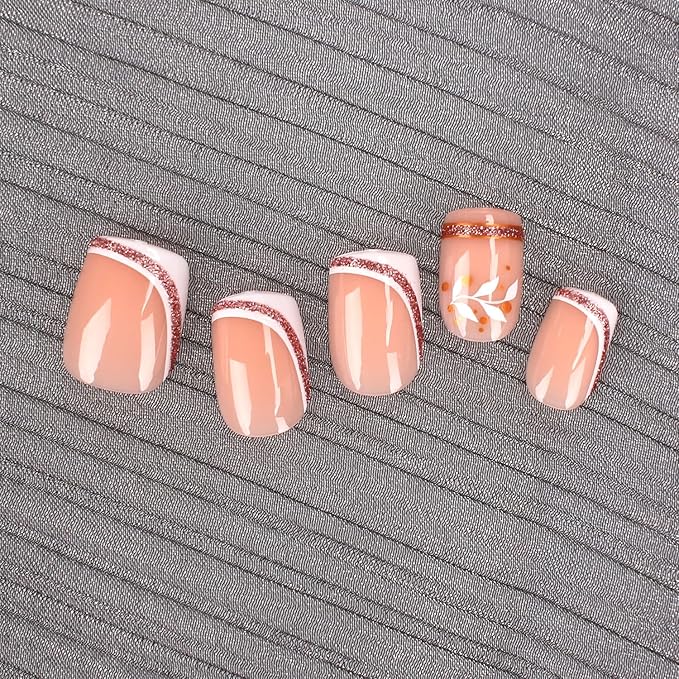 French Press On Nails Short Square, Nude Fake Nails with White French Tip and Elegant Purple & Gold Line Design, Glossy Gel Finish Acrylic Nails Kit for Women, Reusable Glue-On Nails Set, 24Pcs