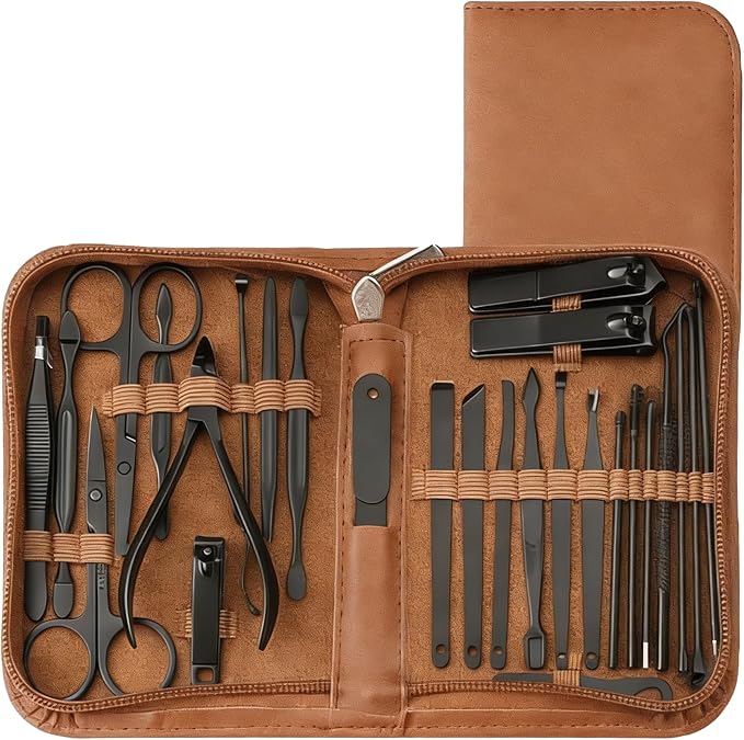 Premium 26-in-1 Manicure & Pedicure Kit – Stainless Steel Nail Care Set with Brown PU Leather Travel Case for Men & Women
