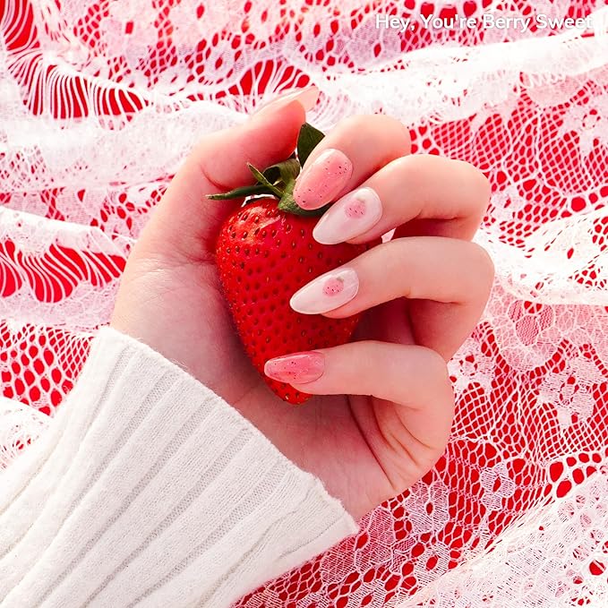 Heyhae Semi Cured Gel Nail Strips | No LED Lamp Needed | Glitter, Pink, Spring | Easy Apply & Remove, Salon Quality |Includes 28 Strips, 1 Prep Pads, Nail File & Wooden stick - Hey, You're Berry Sweet
