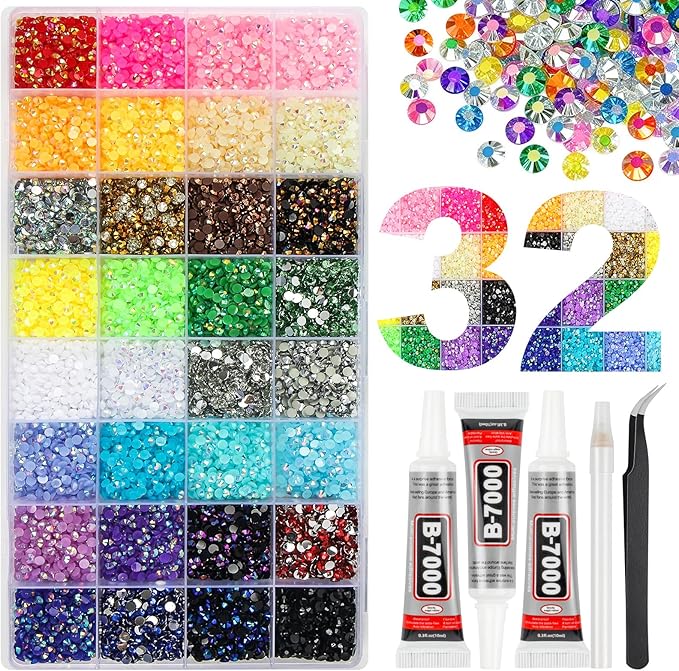 17000Pcs 32 Colors Jelly Resin Rhinestones for Bedazzling, 4mm Multicolor Flatback Gems for Crafting, Bedazzler Kit with 3Pcs B7000 Jewelry Glue for Clothes Shoes Nail Book Diamond Art